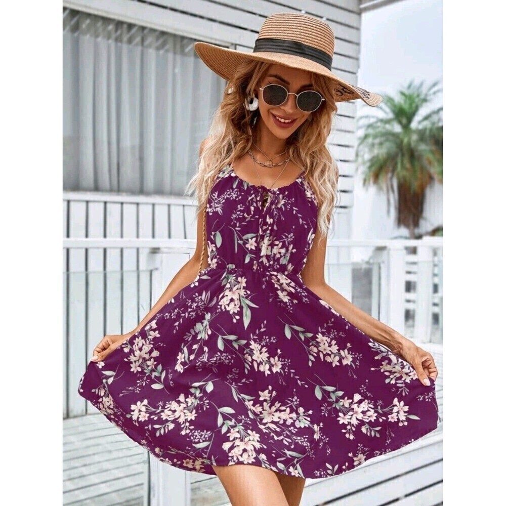 Boho Purple Floral Print Tie Front Cami Dress XSmall - Picture 5 of 6